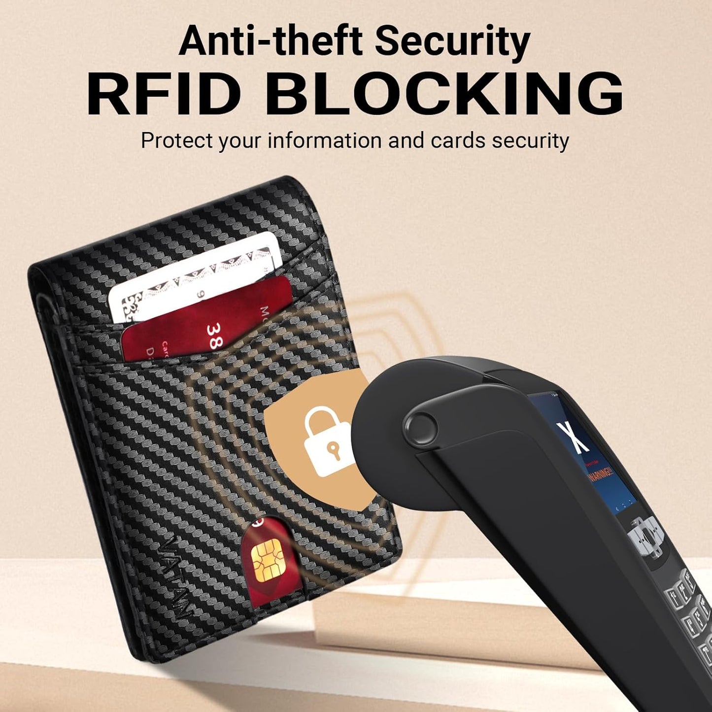 VATAN Herren Slim Wallet RFID Schutz Leder Kreditkartenetui für 15 Karten, Bifold Minimalistisches Dünnes Portemonnaie mit 2 Ausweisfenstern und Geldscheinfach, mit Geschenkbox (Carbon Fiber Schwarz)