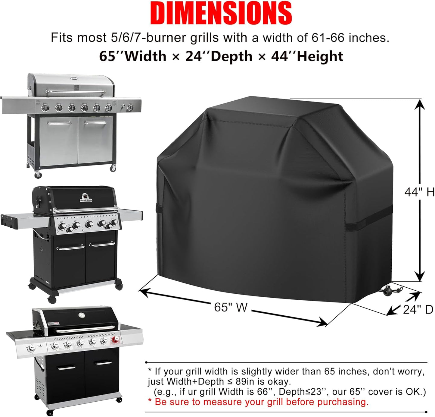 Grillabdeckung, 58 Zoll BBQ Gasgrill Abdeckung für Outdoor-Grills, Wasserdicht, UV-Schutz, Reißfest, Farbecht, Grillabdeckung mit Klettverschlussgurten und verstellbarem Saumzugband, Schwarz