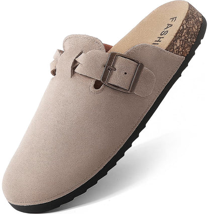 Women's Suede Clogs Mens Leather Mules Comfort Cork Footbed Sandals with Arch Support and Adjustable Buckle