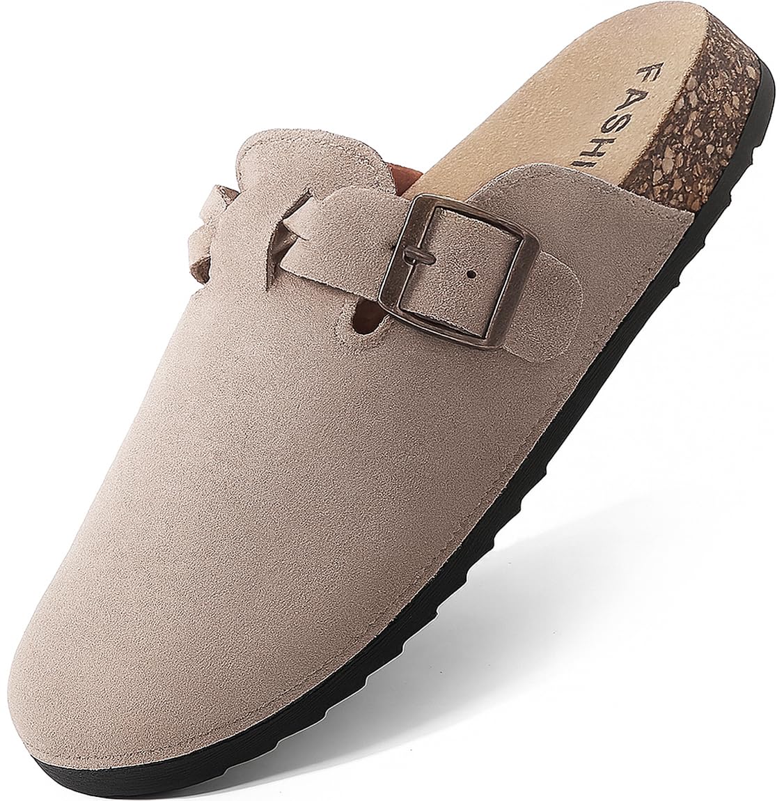 Women's Suede Clogs Mens Leather Mules Comfort Cork Footbed Sandals with Arch Support and Adjustable Buckle