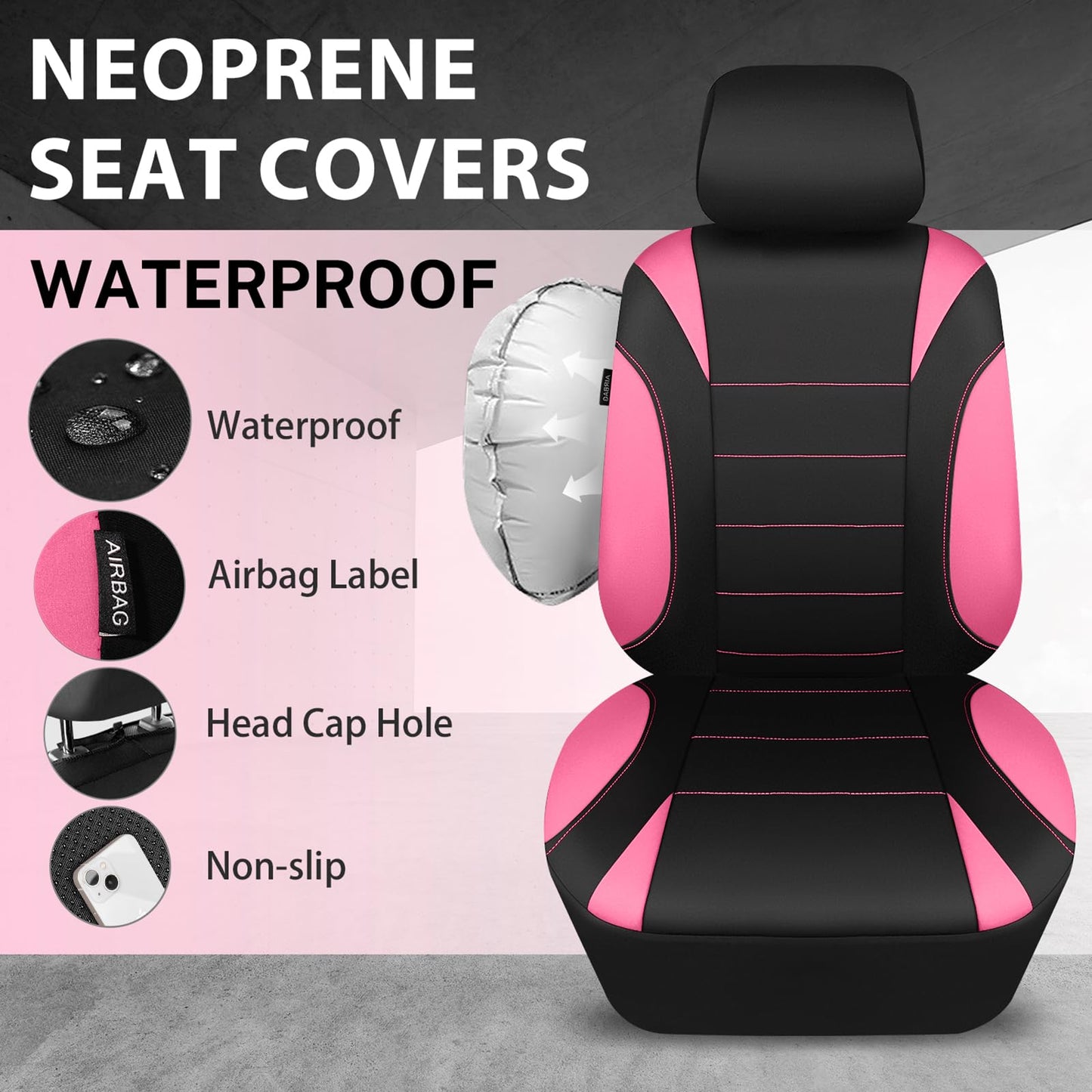 CAR Pass Neoprene Waterproof Two Front Car Seat Covers Set- Universal Fit for Vehicles, Airbag Compatiable(Black)