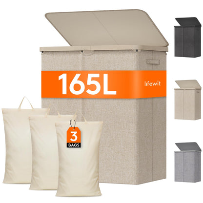 Lifewit 105L Large Laundry Basket with Lid, Laundry Hamper with Plastic Handles and Removable Bag, Foldable Tall Dirty Clothes Hampers for Laundry for Laundry Room, Bedroom, Bathroom, Dorm, Beige