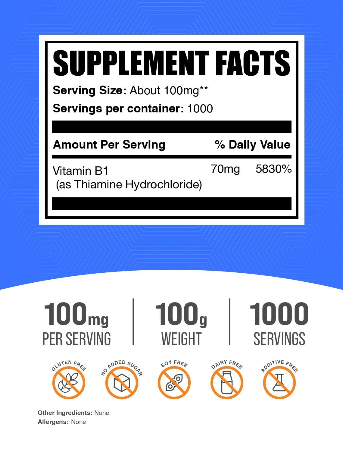 BulkSupplements.com Thiamine HCl Powder - Thiamine Hydrochloride - Thiamine B1 Supplement - B1 Vitamins - Thiamine 100mg - Thiamine Powder - 100mg per Serving (5 Kilograms - 11 lbs)
