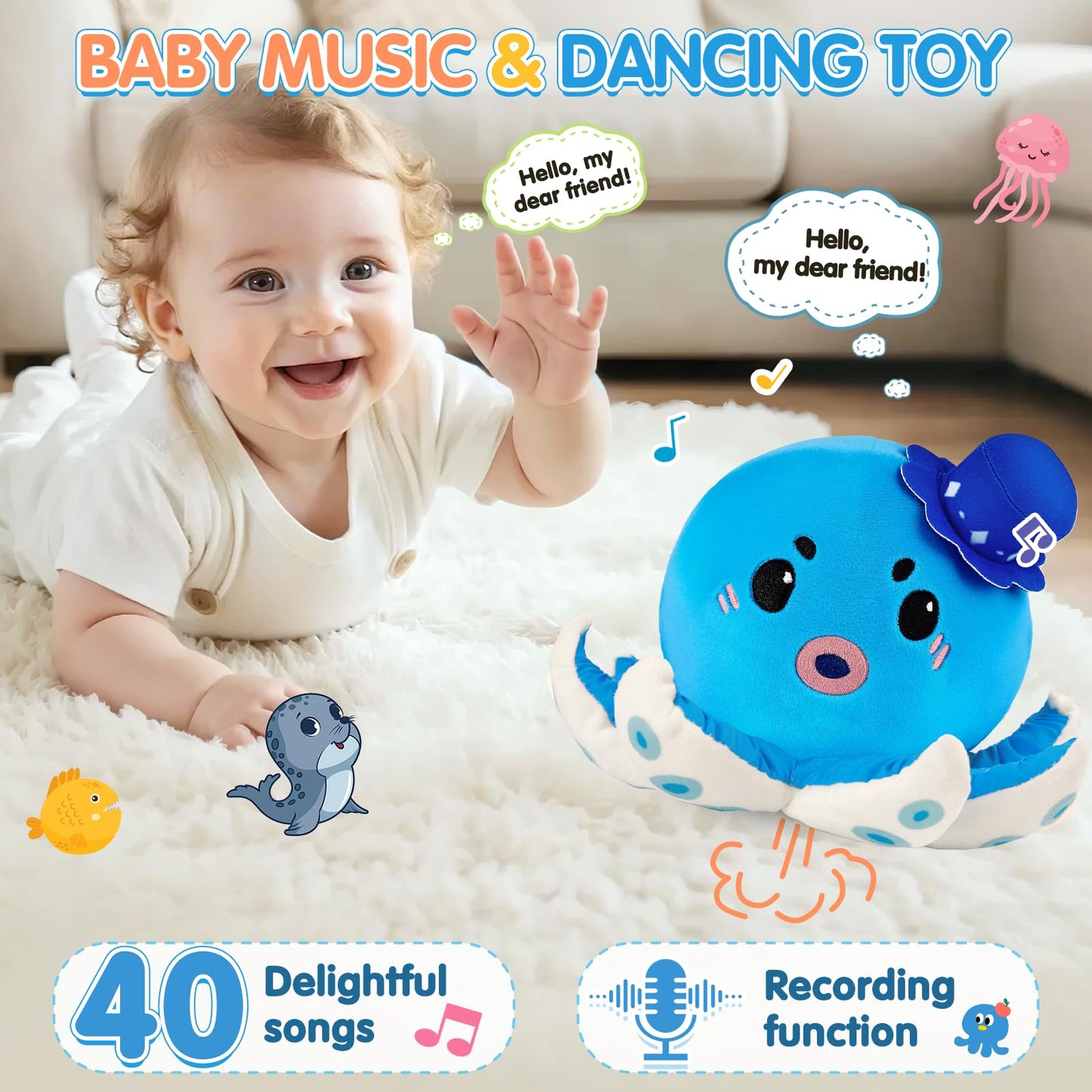 Babyspielzeug 6-12 Monate, Musikalisches Krabbelkrebs Plüschtier - 40 Lieder & Aufnahmefunktion, Tanzendes Laufendes Hüpfendes Bauchzeit Spielzeug, Sensorisches Spielzeug für Kleinkinder 1-3, Geburtstagsgeschenke für Säuglinge