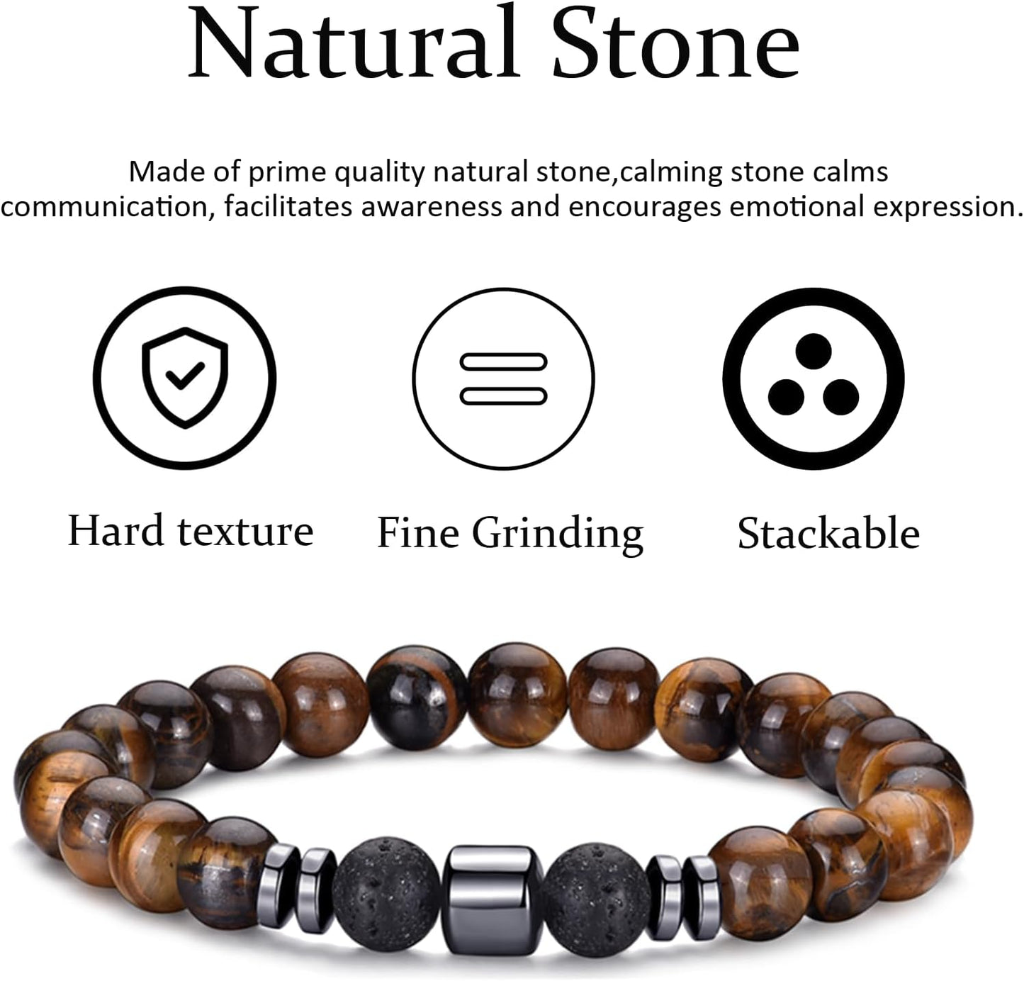 Tigerauge Armband für Herren 8MM Natursteinperlen Armband Set Stretch Lava Stein Armbänder Verstellbares Schwarzes Kristallperlenarmband für Herren Damen Geschenke