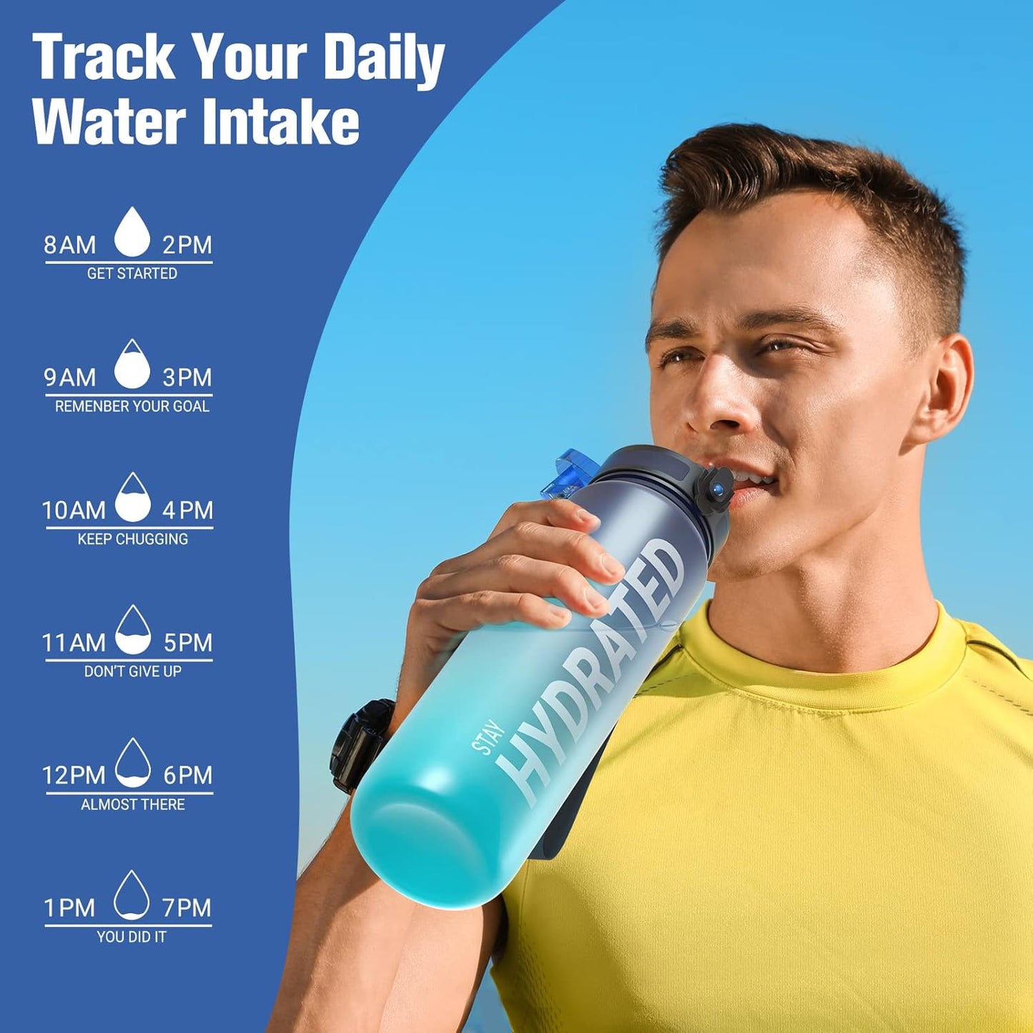 Sahara Sailor Trinkflasche, 950ml Motivations-Sportflasche mit Zeitmarkierung – Trinkzeiten – Tritan, BPA-frei, weite Öffnung auslaufsicher, Fast-Flow-Technologie mit Reinigungsbürste (1 Flasche)