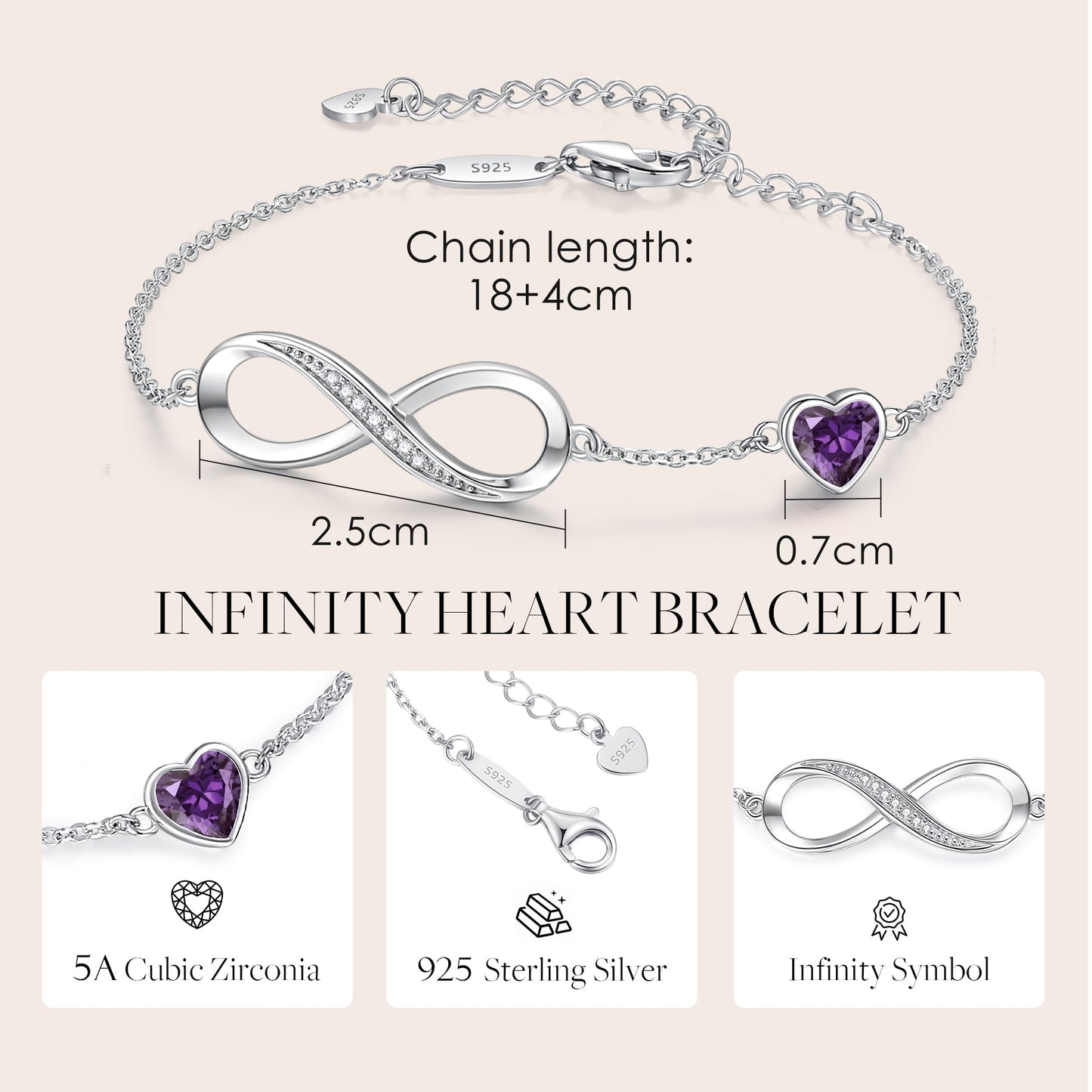 CDE Valentinstagsgeschenk Infinity Herz Geburtsstein Charm Gliederarmband für Damen 925 Sterling Silber Verstellbares Muttertags- Weihnachtsgeschenk Jubiläums- Geburtstags-Schmuck für Ehefrau Freundin Sie