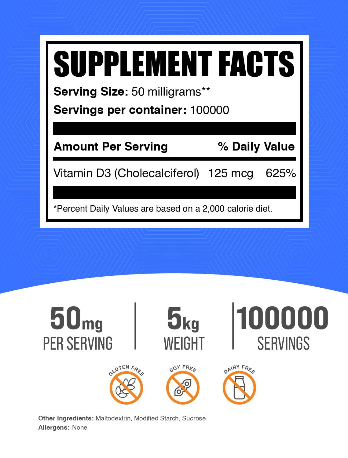 BulkSupplements.com Vitamin D3 Powder - Cholecalciferol, Vitamin D Supplements, Vitamin D3 5000 IU - Gluten Free, 50mg (125mcg of Vitamin D3) per Serving, 5kg (11 lbs) (Pack of 5)