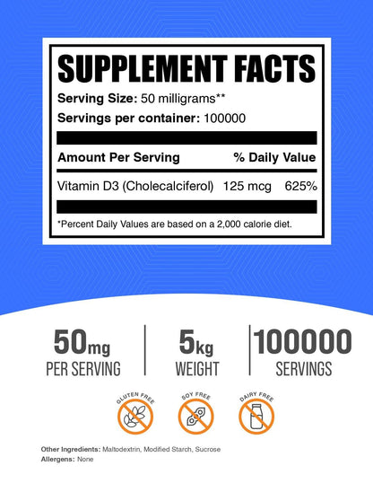BulkSupplements.com Vitamin D3 Powder - Cholecalciferol, Vitamin D Supplements, Vitamin D3 5000 IU - Gluten Free, 50mg (125mcg of Vitamin D3) per Serving, 5kg (11 lbs) (Pack of 5)