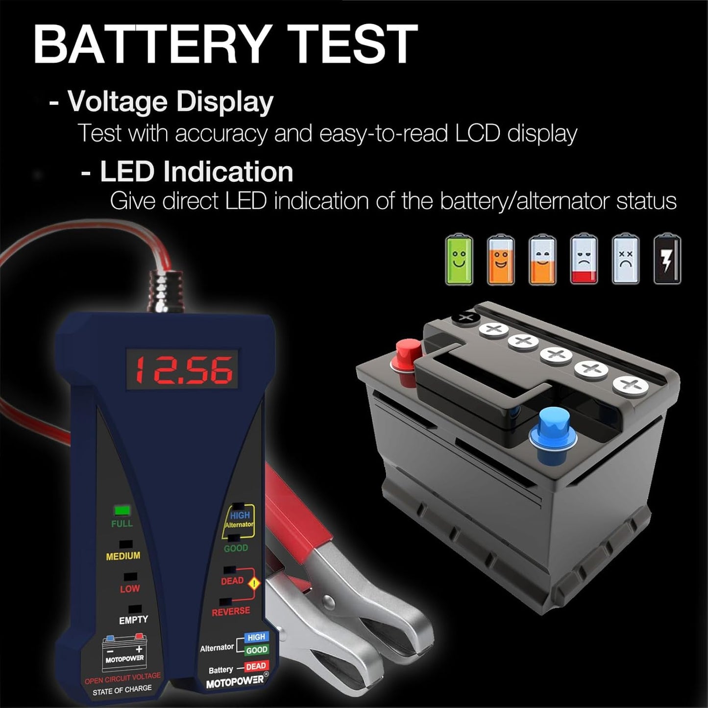 MOTOPOWER MP0514A 12V Digitaler Autobatterietester Voltmeter und Ladesystemanalysator mit LCD-Anzeige und LED-Indikation – Schwarze Gummifarbe