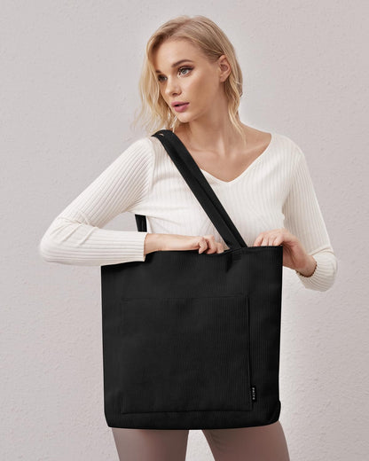Prite Corduroy Tote Bag for Women Large Shoulder Bag with Zipper and Pockets for College Work Travel Shopping(Black)