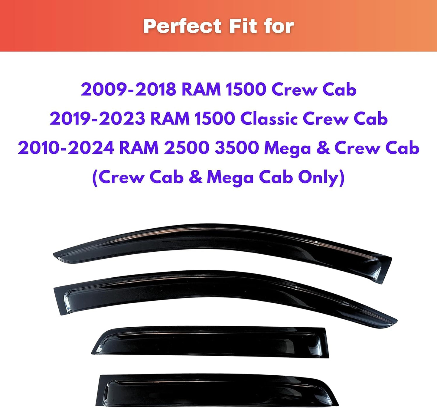 KPY Regenabweiser kompatibel mit 2009-2018 Ram 1500 Crew/Mega Cab, Fensterblende für 2010-2024 Ram 2500 & 3500, 2019-2023 Ram 1500 Classic Body, 2011 2012 2013 2014 2015 2016 2017 2021 2022 2023