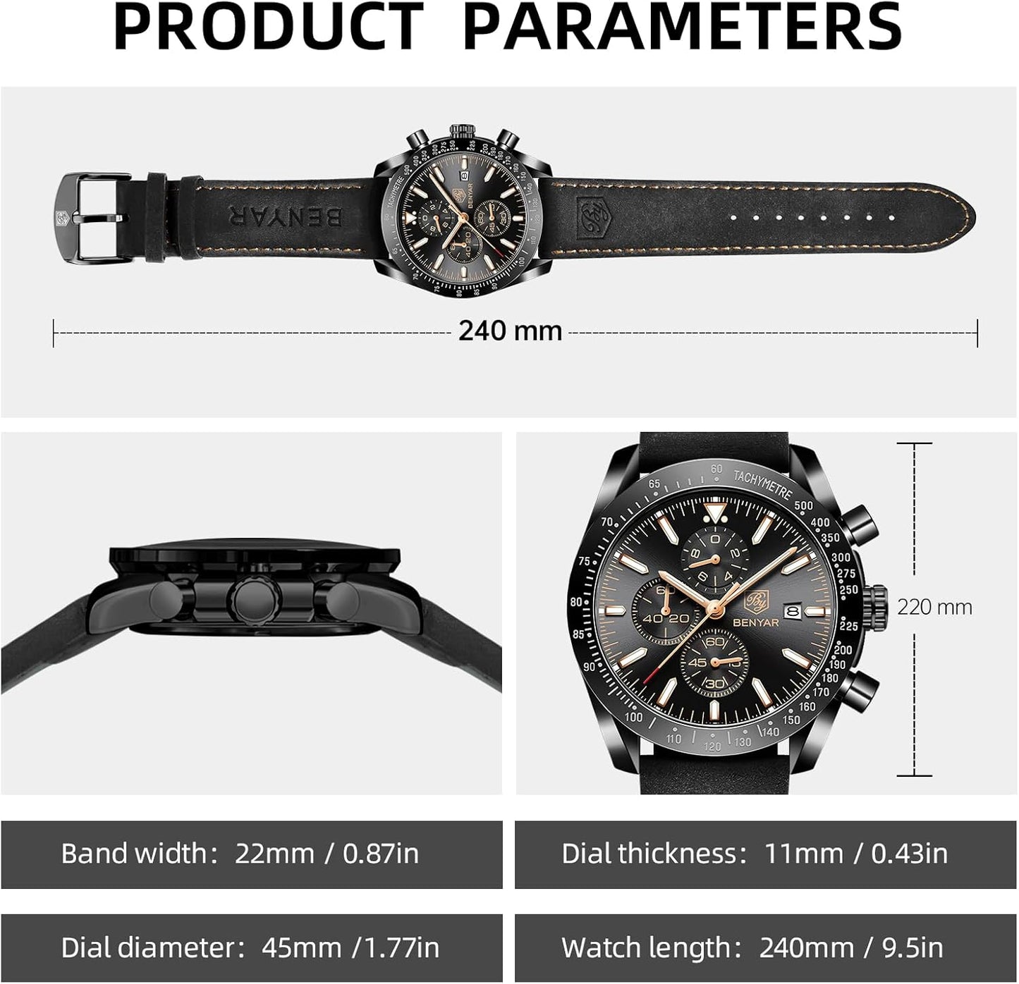 BY BENYAR Uhren für Herren Analog Quarz Chronograph 30M Wasserdicht Leuchtend Großes Zifferblatt Herren Armbanduhren Business Arbeit Sport Freizeit Mode Designer Uhr Elegantes Geschenk für Herren