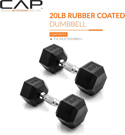 CAP Barbell 20 LB Rubber Coated Hex Dumbbell Hand Weight - Pair