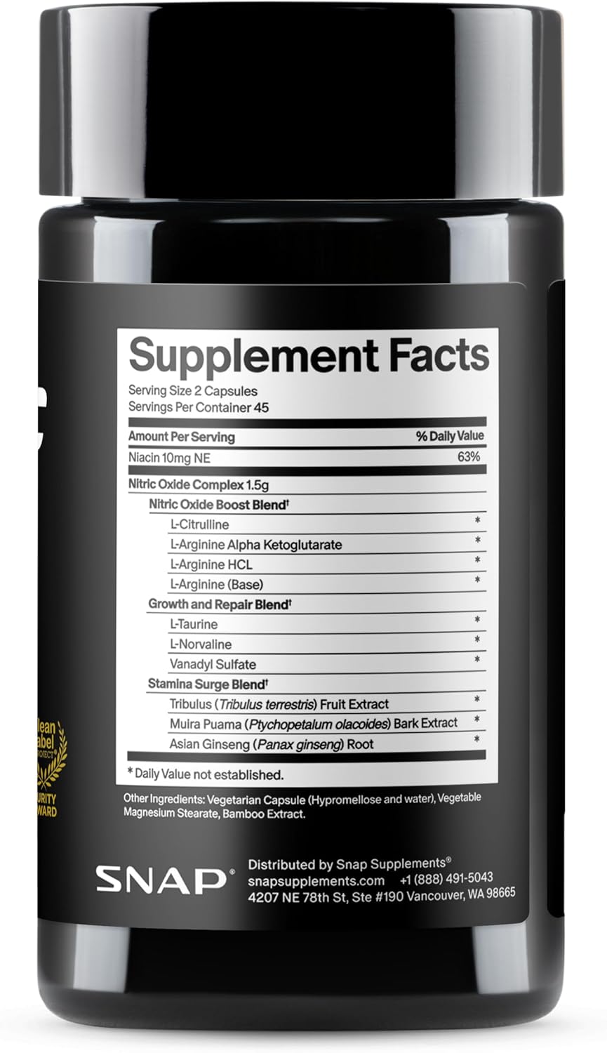 SNAP Supplements Nitric Oxide Booster, Performance Formula for Stamina & Endurance, 90 Count