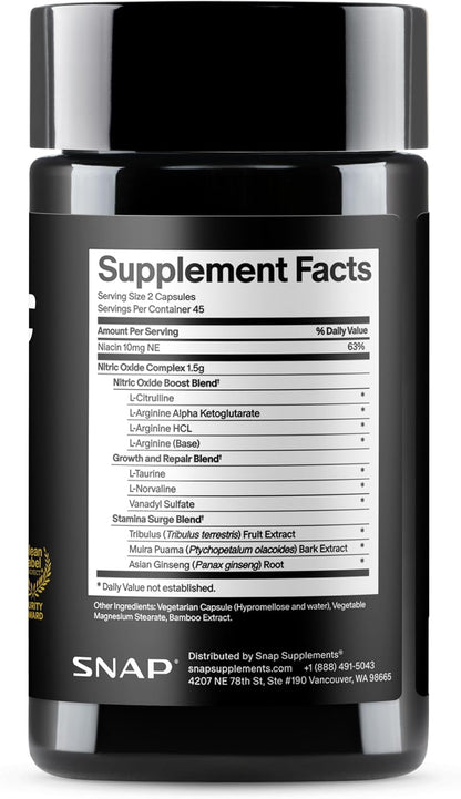 SNAP Supplements Nitric Oxide Booster, Performance Formula for Stamina & Endurance, 90 Count