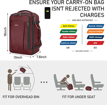 ECOHUB 16'' Reise-Rucksack Handgepäck Unterseat-Rucksack Persönlicher Gegenstand Flugzeug-Reisetasche mit 13 Taschen Handgepäck Flaschenhalter USB-Ladeanschluss Casual Daypack für Frauen Männer Schwarz