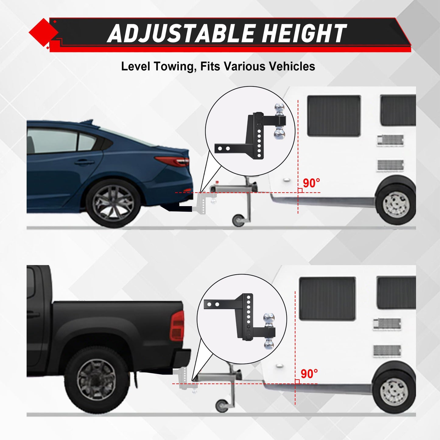 TYT Adjustable Truck Trailer Hitch for 2 inch Receiver, 6" Drop/Rise Tow Hitch with Dual Balls (2" & 2-5/16"), Compatible with Heavy-Duty Trailer Systems up to 20,000 lbs, Includes Hitch Tightener