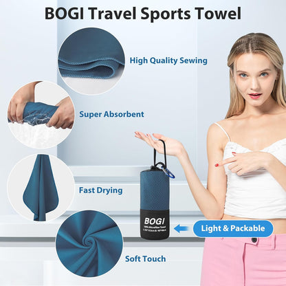 BOGI Mikrofaser Reise-Sporthandtuch – Schnelltrocknendes Handtuch, weiches, leichtes Mikrofaser Campinghandtuch, saugfähiges, kompaktes Reisehandtuch für Camping, Fitnessstudio, Strand, Bad, Yoga, Schwimmen, Rucksacktouren (M:40''x20''-Dunkelblau)