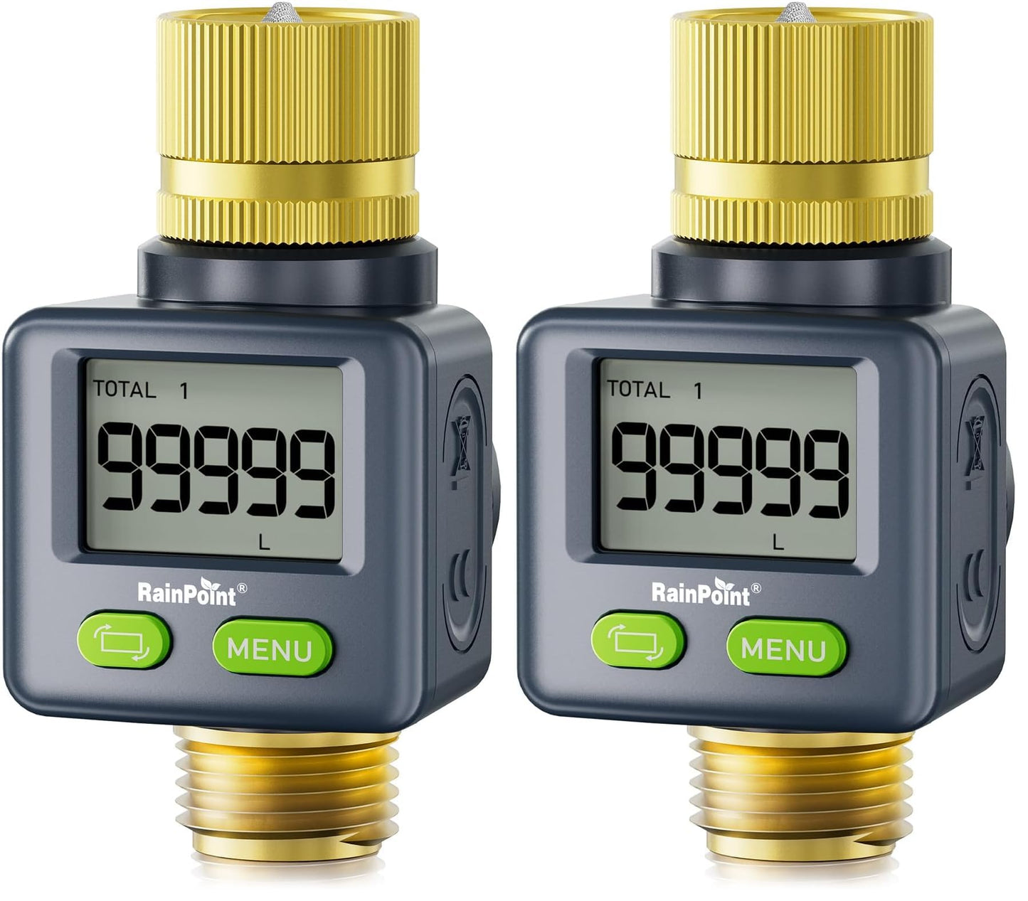 RAINPOINT Water Flow Meter with Brass Inlet & Outlet, 180° Screen-Flip Water Meter, Measure Gallon/Liter Consumption for RV Filling, Garden Watering, Sprinkler and Hoze Nozzle