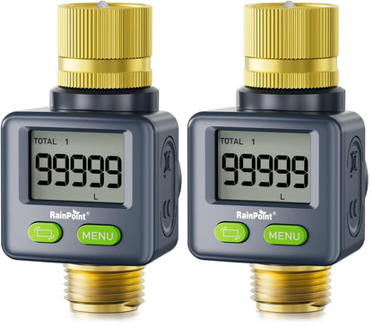 RAINPOINT Water Flow Meter with Brass Inlet & Outlet, 180° Screen-Flip Water Meter, Measure Gallon/Liter Consumption for RV Filling, Garden Watering, Sprinkler and Hoze Nozzle