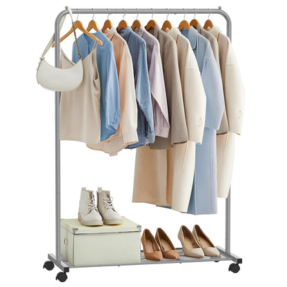 SONGMICS Clothes Rack with Wheels, Clothing Rack for Hanging Clothes, 25.4 mm Metal Garment Rack with Dense Mesh Storage Shelf, 110 lb Load Capacity, 2 Brakes, Black UHSR25BK