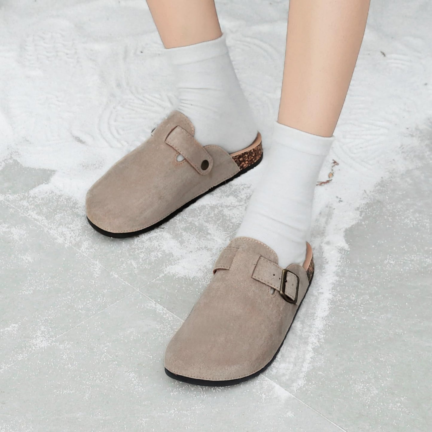 YorFotMae Women's Suede Clogs Mens Leather Mules Comfort Cork Footbed Antislip House Sandals Arch Support Potato Shoes with Adjustable Buckle