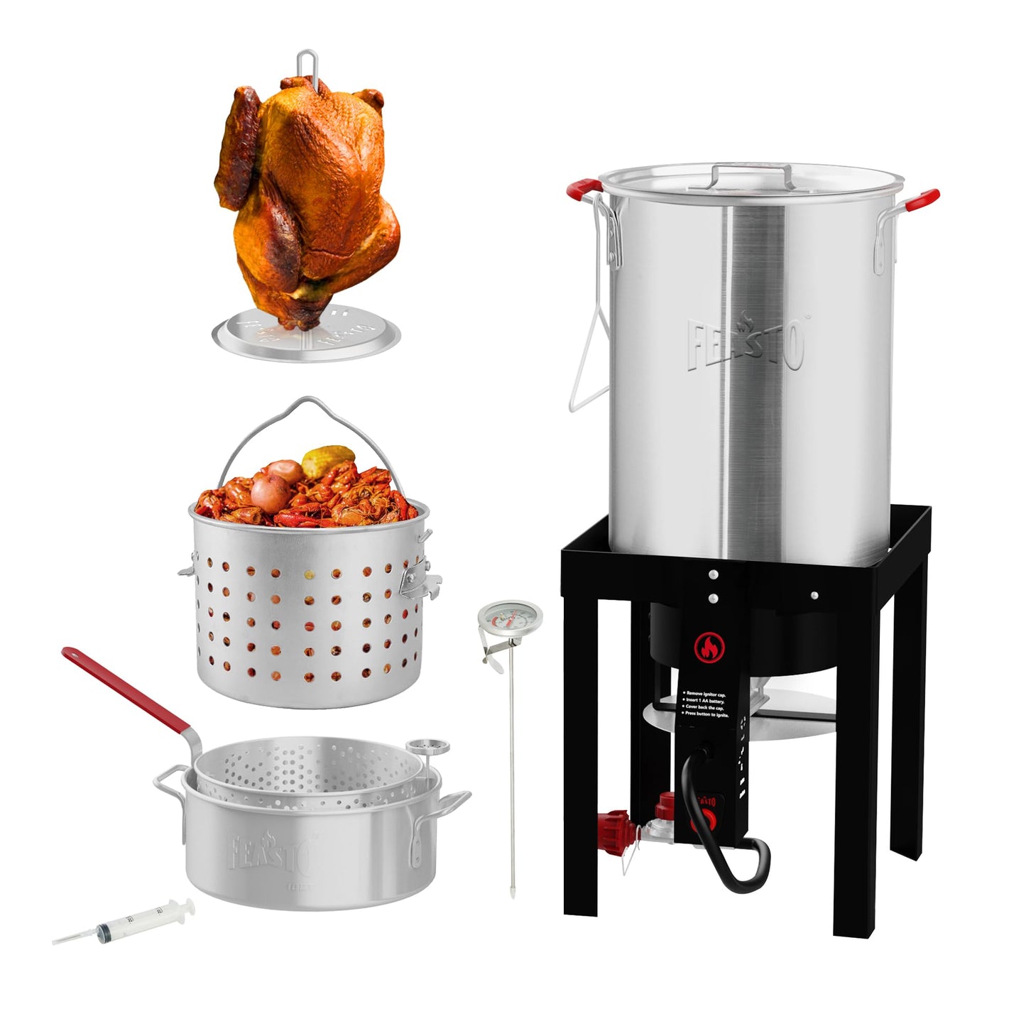 Feasto 10 Qt Outdoor Propane Gas Fish Fryer Pot Kit with Strainer Basket | Aluminum, 50,000 BTU Burner, Adjustable 0-5 PSI Regulator, Perfect for Boiling and Frying
