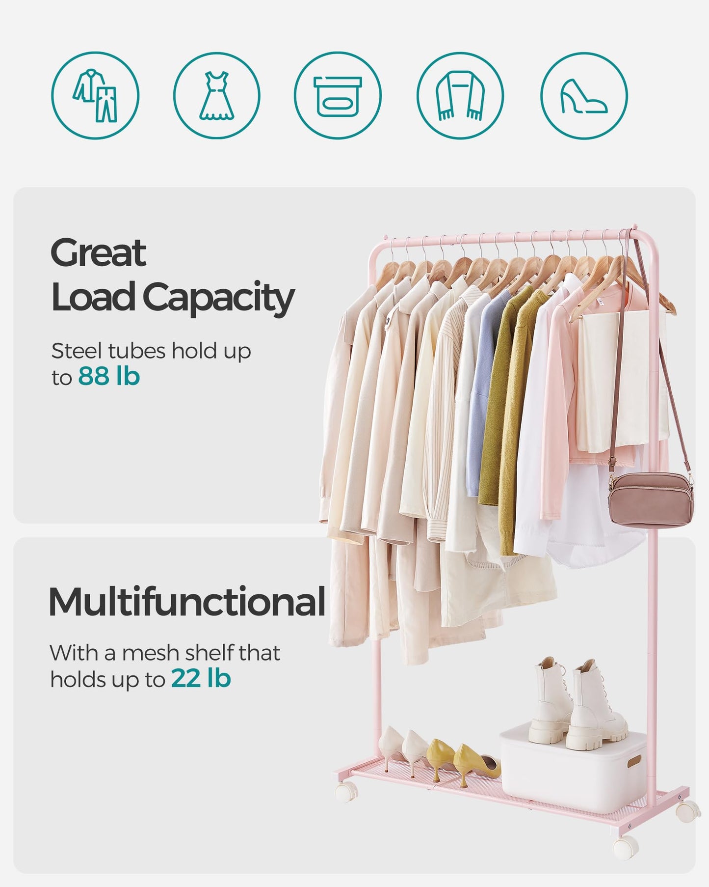 SONGMICS Clothes Rack with Wheels, Clothing Rack for Hanging Clothes, 25.4 mm Metal Garment Rack with Dense Mesh Storage Shelf, 110 lb Load Capacity, 2 Brakes, Black UHSR25BK