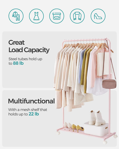 SONGMICS Clothes Rack with Wheels, Clothing Rack for Hanging Clothes, 25.4 mm Metal Garment Rack with Dense Mesh Storage Shelf, 110 lb Load Capacity, 2 Brakes, Black UHSR25BK