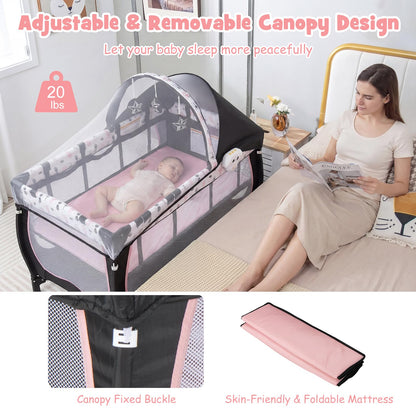 BABY JOY 4 in 1 Pack and Play with Canopy, Portable Baby Playard with Bassinet, Double-Layer Baby Crib, Wheels & Brake, Foldable Baby Girl Pink Bassinet from Newborn to Toddler