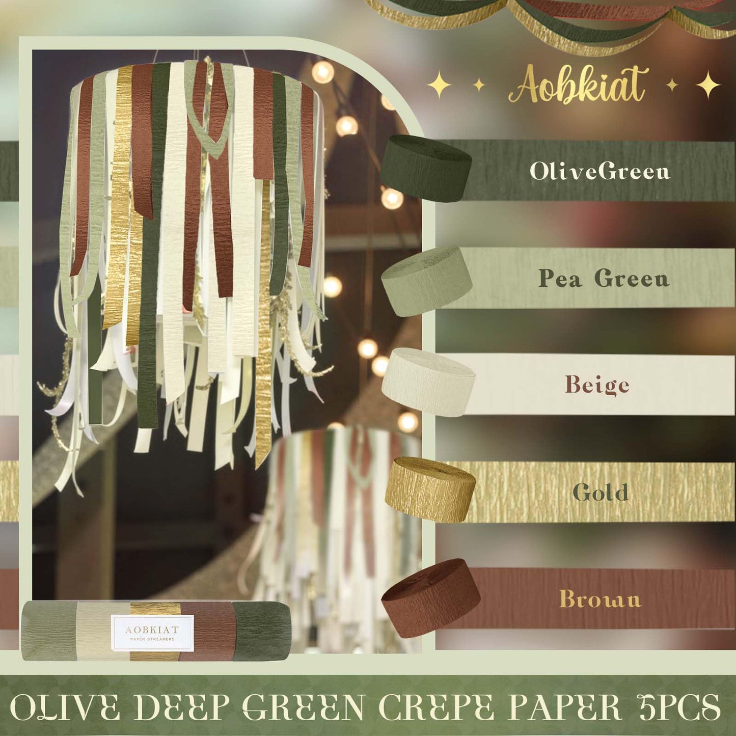 AOBKIAT Decoraciones para Fiesta de Bodas, 5 Rollos de Serpentinas de Papel Crepé Color Verde Oliva Caqui para Bodas Boho Verdes, Cumpleaños, Despedidas de Soltera/Bebé