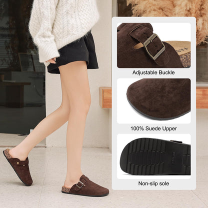 YorFotMae Women's Suede Clogs Mens Leather Mules Comfort Cork Footbed Antislip House Sandals Arch Support Potato Shoes with Adjustable Buckle