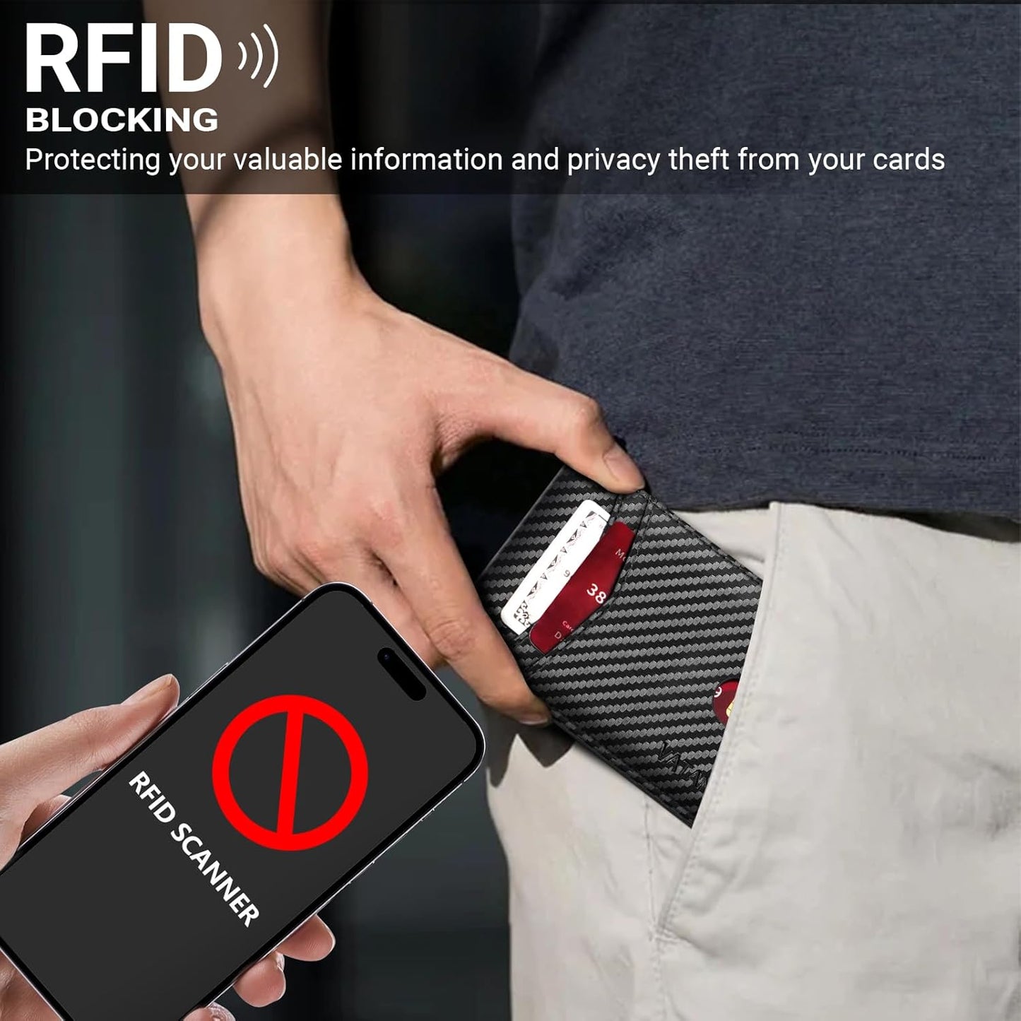 VATAN Herren Slim Wallet RFID Schutz Leder Kreditkartenetui für 15 Karten, Bifold Minimalistisches Dünnes Portemonnaie mit 2 Ausweisfenstern und Geldscheinfach, mit Geschenkbox (Carbon Fiber Schwarz)