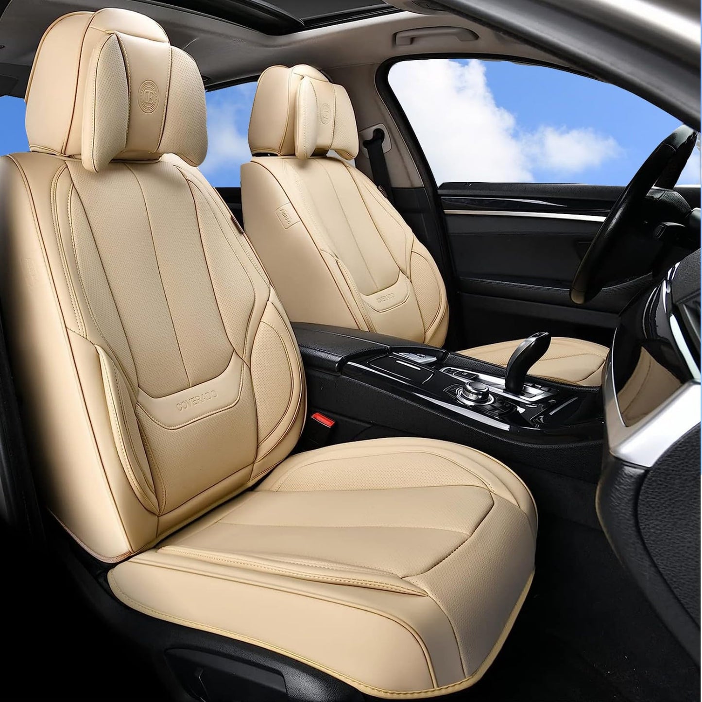 Coverado Car Seat Covers 5 Pieces, Full Set Universal Seat Covers for Cars, Waterproof Nappa Leather Auto Seat Protectors with Head Pillow, Car Interiors Fit for Most Sedans SUV Pick-up Truck, Black