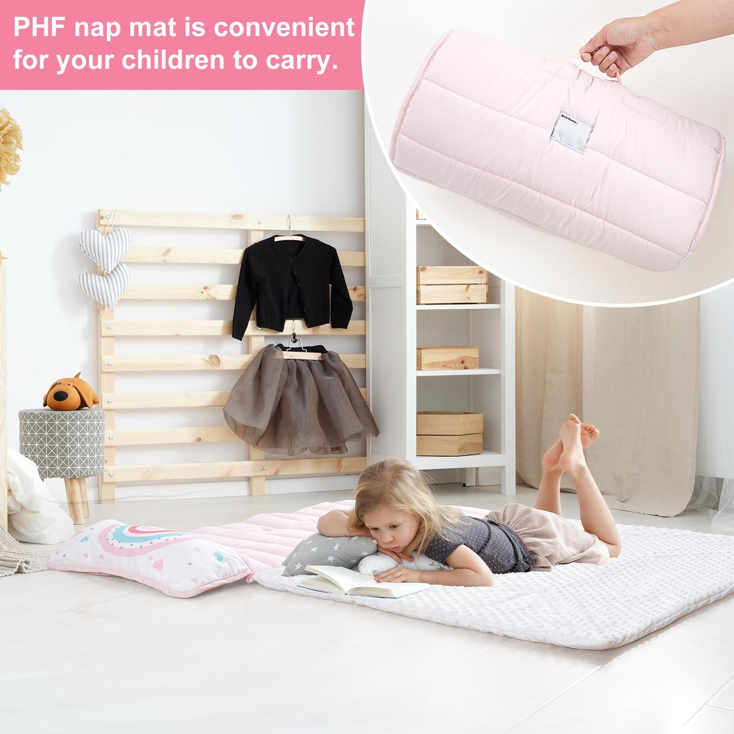 PHF Toddler Nap Mat with Removable Pillow and Minky Blanket, Rollup Design Kids Sleeping Mat, Slumber Bags for Boys, 55"x23" Toddler Sleeping Bag for Daycare Preschool Travel Camping, Space
