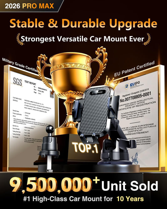 [2026 True Military-Grade] Car Phone Holder VANMASS [Upgraded Strongest Suction & Clip] Cell Phone Mount for Dashboard Windshield Vent Desk, Truck Cradle Stand for iPhone 17 Pro Max 16 15 14 Android