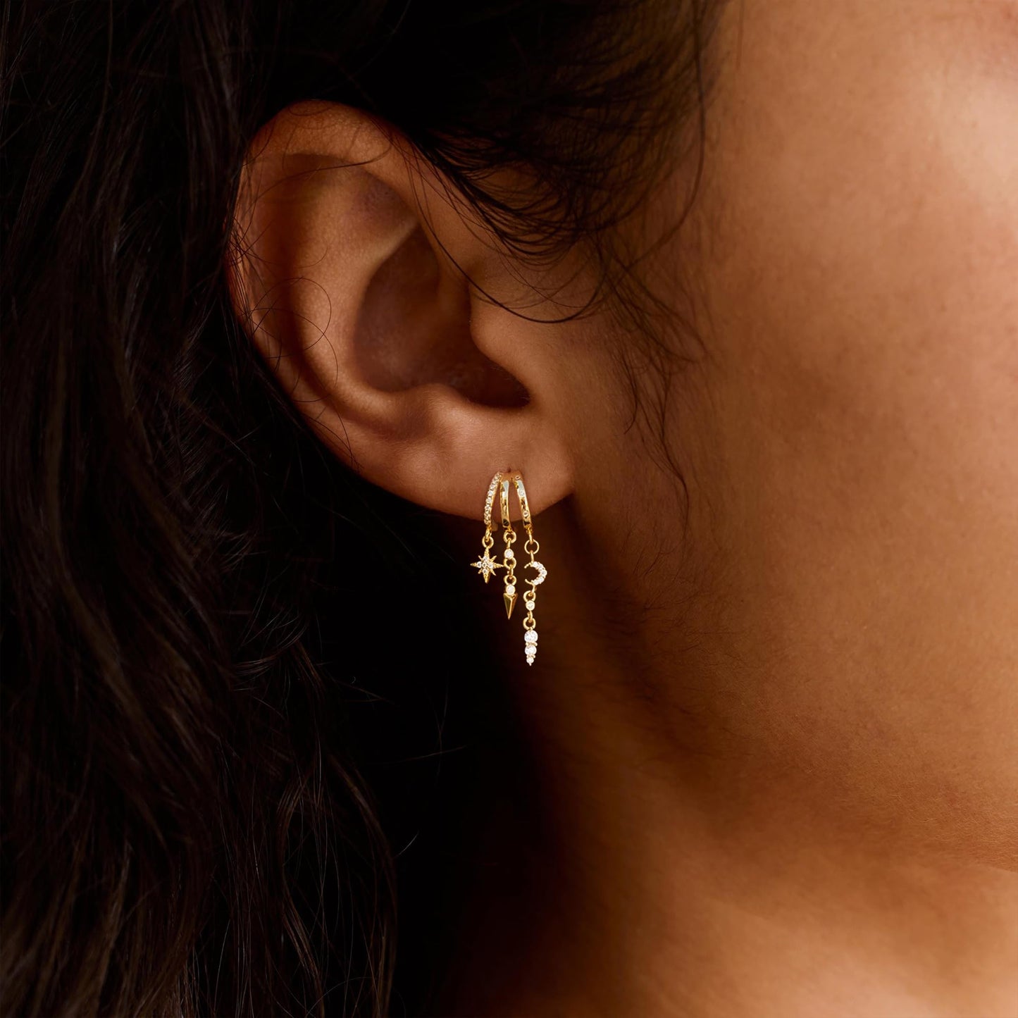 Dangle Earrings for Women,14k Gold Plated Triple Huggie Stud Earrings Cute Statement Chain Earring Dainty Drop Earrings for Women Trendy Gold Plated Jewelry