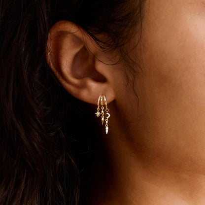 Dangle Earrings for Women,14k Gold Plated Triple Huggie Stud Earrings Cute Statement Chain Earring Dainty Drop Earrings for Women Trendy Gold Plated Jewelry
