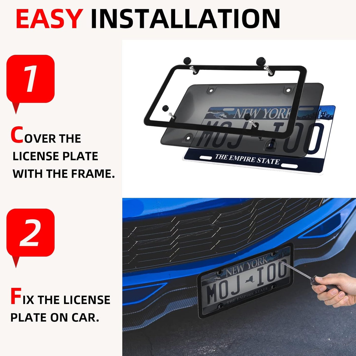 2er Pack Auto Getönte Nummernschildabdeckungen Rahmen Schild Combo - Unzerbrechliche Getönte Nummernschildabdeckung Passend für Alle Standard US-Kennzeichen, Blasen-Design Nummernschildhalter mit Schrauben & Kappen (Schwarz)