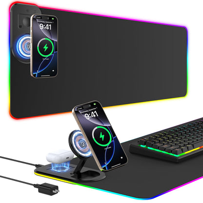 GIM Wireless Charging RGB Gaming Mouse Pad LED Desk Mat with Foldable Phone Stand