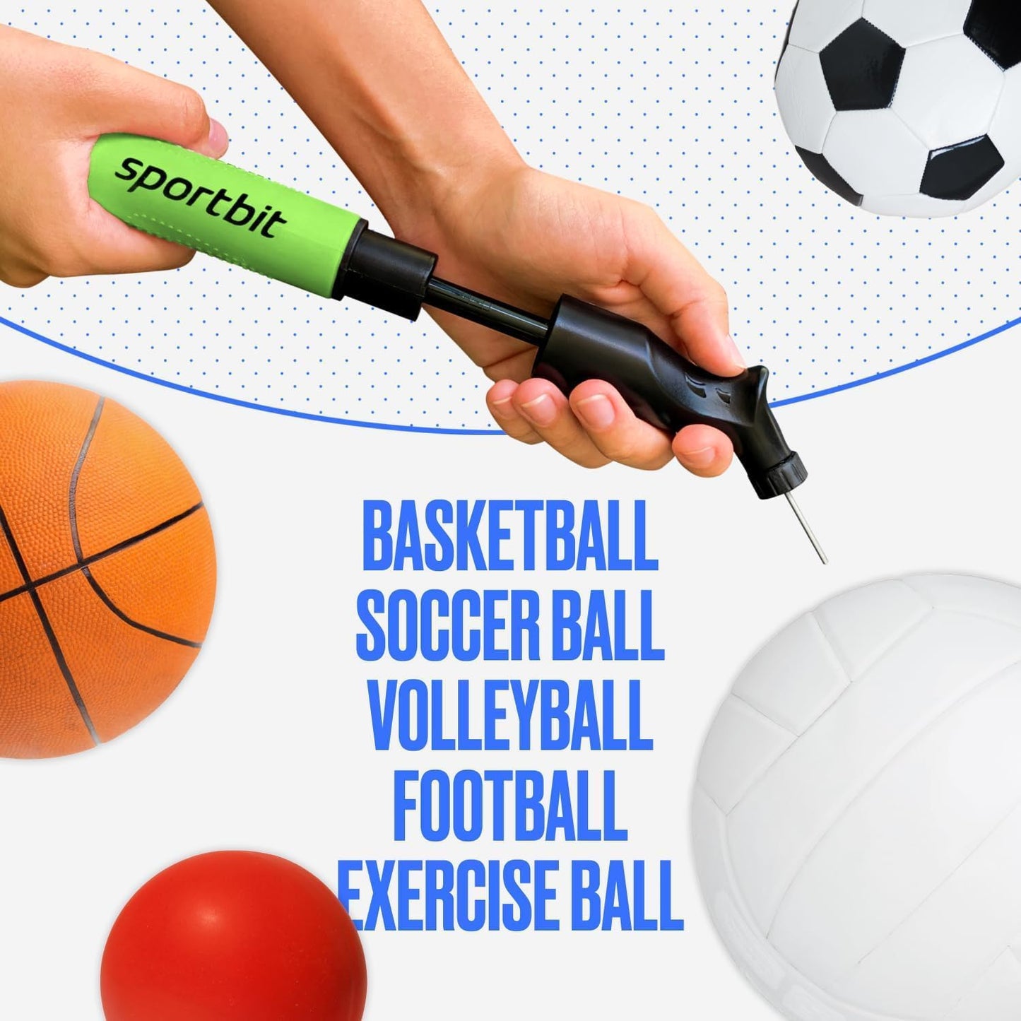 SPORTBIT Ballpumpe für Sportbälle - Basketballpumpe, Volleyballpumpe, Fußballpumpe - Handpumpe für alle Sportbälle - Push & Pull Aufblassystem - Inklusive 5 Nadeln