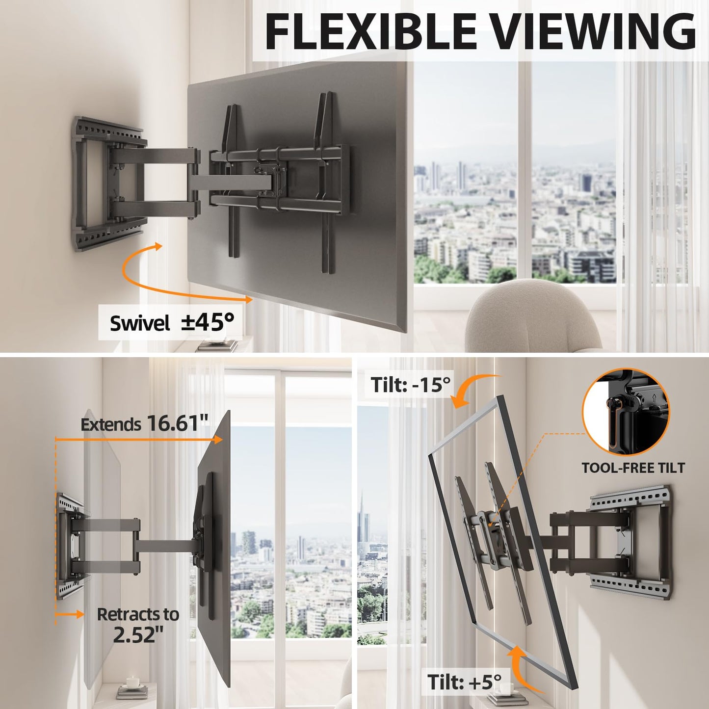 IWORKBOARD 55 65 75 85 inch Tilting TV Wall Mount for 32-90 '' TVs, Low Profile TV Mount Bracket, Safe Lock & Quick Release, Max VESA 600x400mm, 24 inch Studs,132 lbs, Fit Most 55+ 75+ 85+ 86 TVs