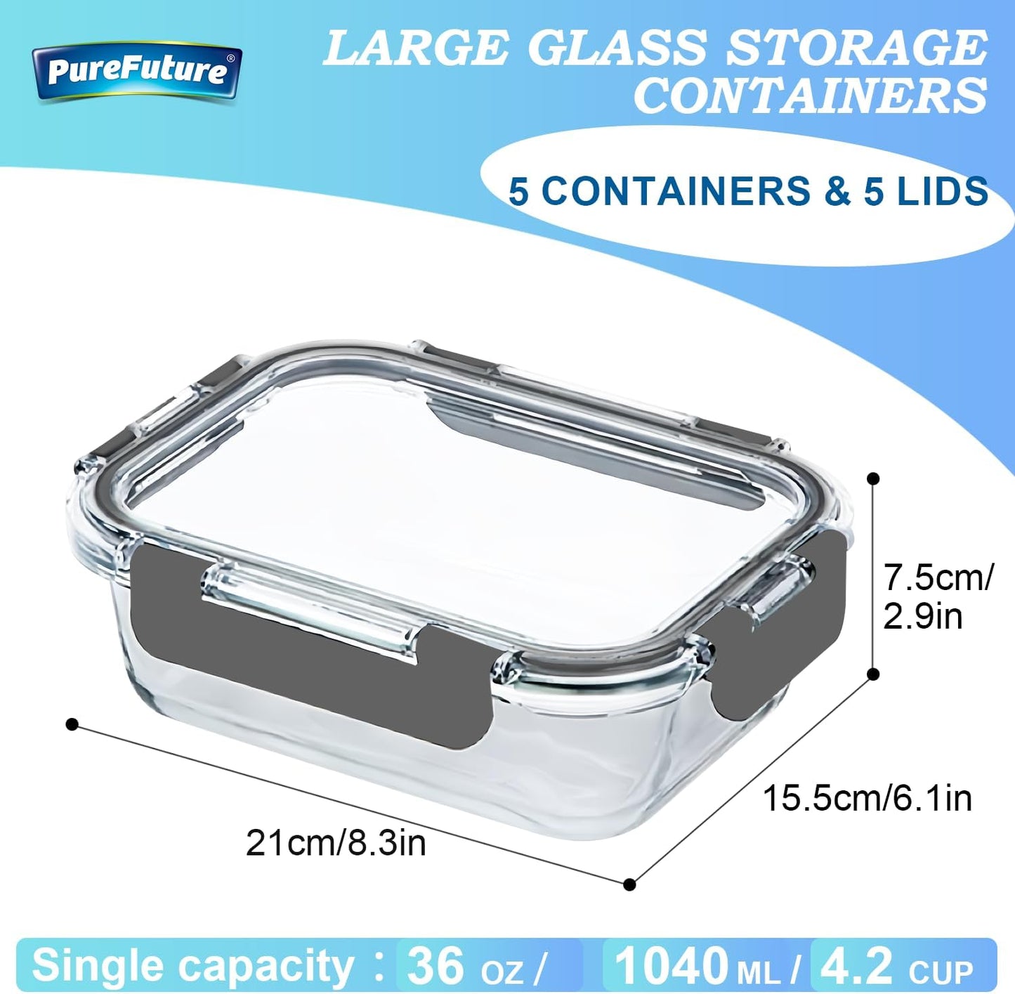 Pure Future 10-teiliges Set (5er-Pack, 1 l) Borosilikatglas-Lebensmittelbehälter mit verbesserten abnehmbaren Verschlussdeckeln – auslaufsichere Essenszubereitungs-Lunchboxen, ofen-/mikrowellengeeignet