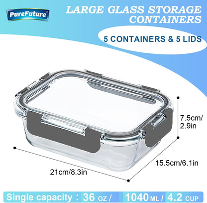 Pure Future 10-teiliges Set (5er-Pack, 1 l) Borosilikatglas-Lebensmittelbehälter mit verbesserten abnehmbaren Verschlussdeckeln – auslaufsichere Essenszubereitungs-Lunchboxen, ofen-/mikrowellengeeignet