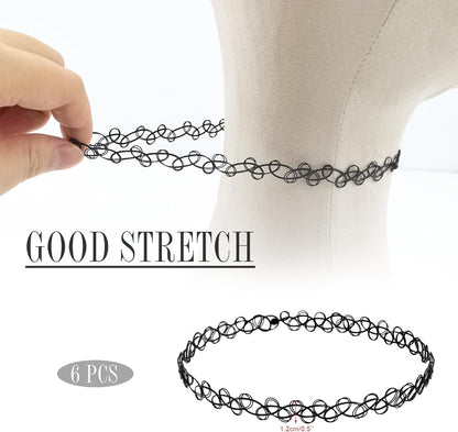 6 PCS 90s Tattoo Stretch Jewelry Girls Chokers Elastic Necklace Kit Stretchy Gothick Vintage Choker Jewelry for 90s or 2000s Themed Parties (Black)
