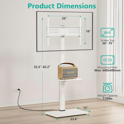 WALI Rolling TV Stand with Power Outlet & AV Shelf, Mobile Tall TV Stand Mount on Wheels for 34-75 inch TV up to 110 lbs, Swivel Height Adjustable TV Cart with Wood Base for Bedroom(TVDVD-6PRW), White