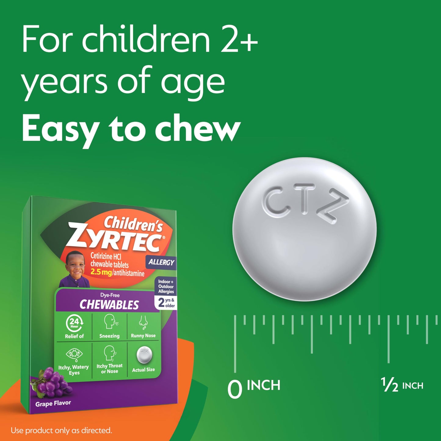 Zyrtec Children's Dye-Free Chewables for 24 Hour Allergy Relief, 10 mg Cetirizine Hydrochloride Antihistamine Tablets, Kids Allergy Medicine Relieves Sneezing & Itchy Throat, Grape, 48 ct(Pack of 2)