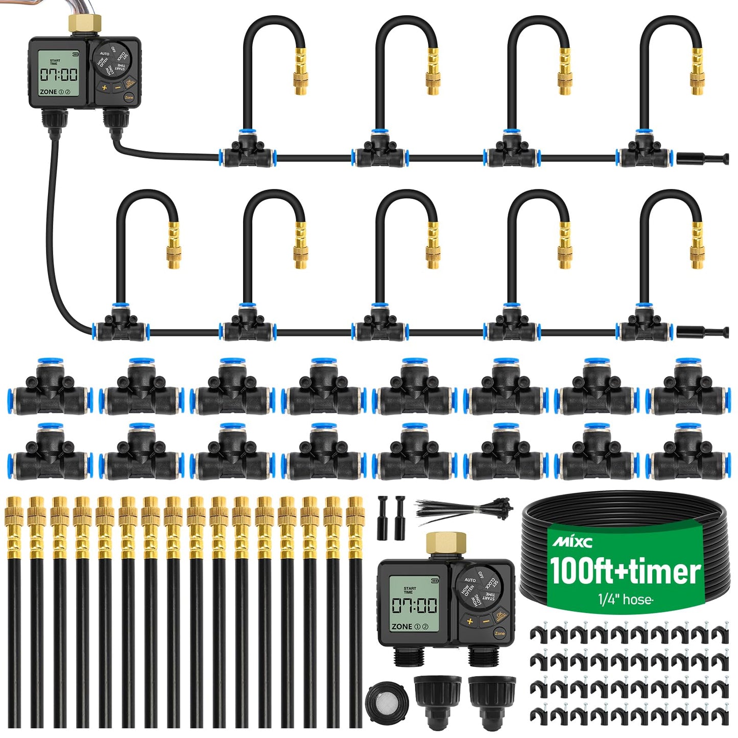 MIXC 1/4" 100Ft Drip Irrigation System for Garden with 16pcs 360°Adjustable Brass Nozzles & Bendable Rod,Upgraded Watering System Kit for Outdoor Plants,Lawn,Raised Bed,Potted Plant,Yard,Greenhouse