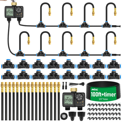 MIXC 1/4" 100Ft Drip Irrigation System for Garden with 16pcs 360°Adjustable Brass Nozzles & Bendable Rod,Upgraded Watering System Kit for Outdoor Plants,Lawn,Raised Bed,Potted Plant,Yard,Greenhouse